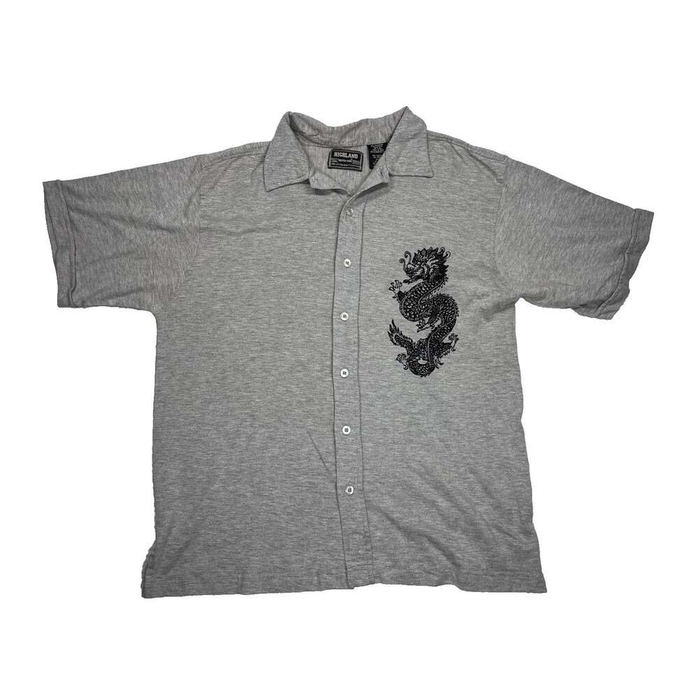 VTG Y2K Streetwear Highland Outfitters Mens L Shirt Short Sleeve Gray Dragon